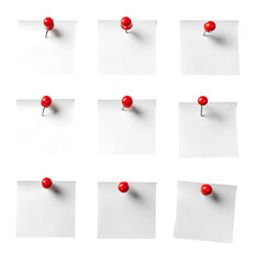 Nine square sticky notes, each with a red pushpin