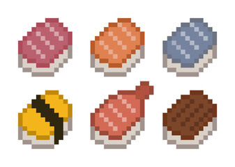 Fototapeta premium Cute Pixel Art Japanese Sushi Set – Fish Nigiri, Tamago Egg Sushi, and Unagi Eel Sushi