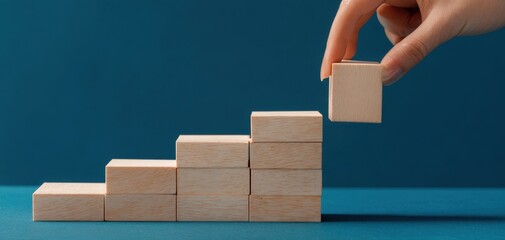 The wooden blocks staircase being built by a hand symbolizing growth