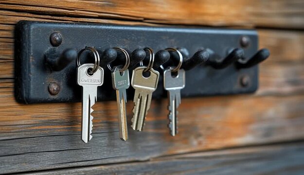 A close-up view of a row of metallic silver keys hanging on a black metal key rack, mounted on a rustic wooden wall
