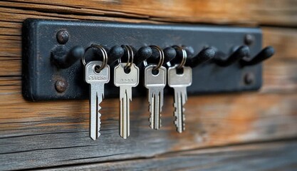 A close-up view of a row of metallic silver keys hanging on a black metal key rack, mounted on a rustic wooden wall
