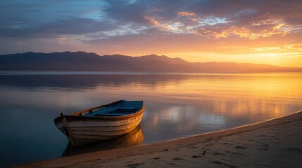 Peaceful sunrise on a lake with a rowboat