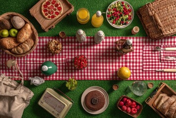 Picnic spread food, drinks, blanket on green grass, overhead shot