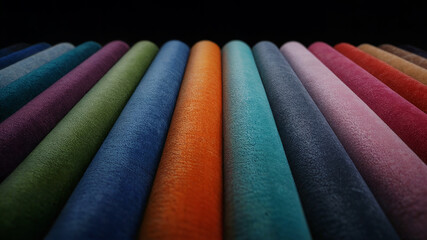 Colorful fabric pens, thread spools, and bright cotton crayons create a vibrant rainbow of crafting materials on a black background