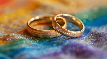 Gold wedding rings on rainbow flag symbolizing love and marriage equality for the lgbt community