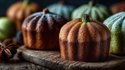 Gourmet pumpkin-shaped mini cakes on rustic wooden surface