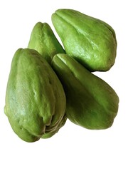 Close up of fresh green chayote fruits isolated on white background. Clear texture and natural detail symbolizing freshness, nutrition, health, and organic food concept.