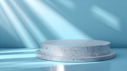 Minimalist concrete podium with dramatic light rays in a modern blue studio interior background, abstract scene for product presentation, branding display, or luxury design mockup