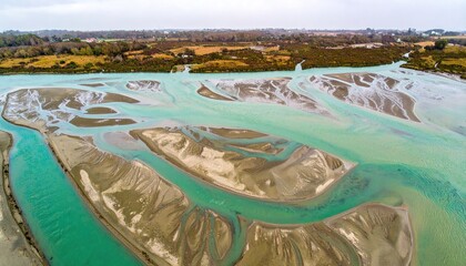 Aerial View of Tidal Estuary with Teal and Brown Water