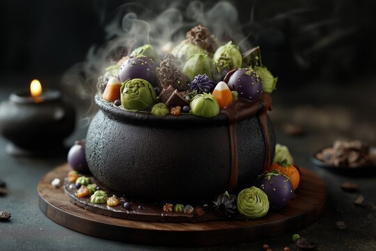 A mystical cauldron filled with colorful, steaming ingredients ready for cooking.