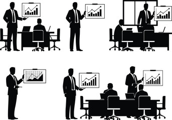 Black silhouette illustrations of professionals presenting charts and data to seated teams in office meetings and business collaboration scenes