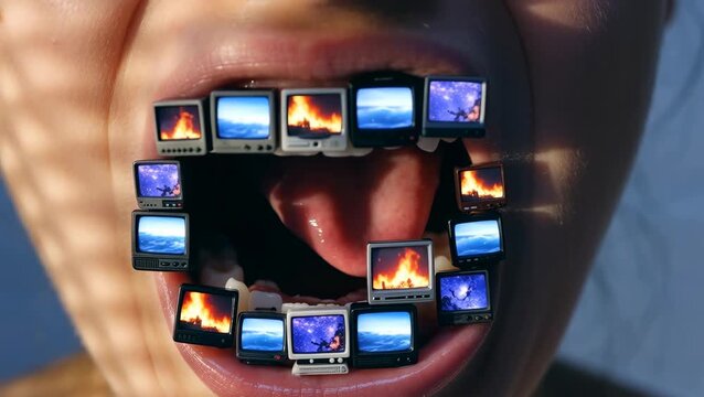 Video of Mouthful of Media: A close-up shot of open mouth framed by multiple vintage televisions displays scenes, highlighting media consumption and its pervasive presence.
