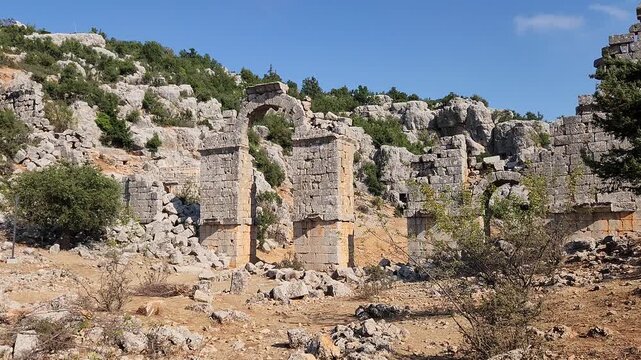 The remnants of the aqueducts that carried water to the ancient Olba settlement in the Silifke district of Mersin
