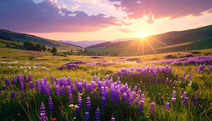 Serene Countryside Panorama with Purple Lupines and Golden Sunset Glow