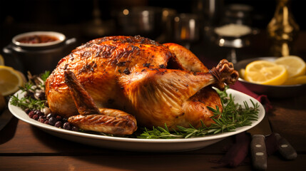 Fototapeta premium Roasted chicken with herbs and crispy skin 