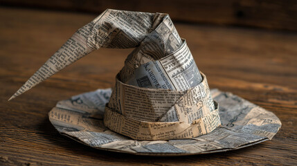 Artistic origami hat made from newspaper creatively folded with a textured background.
