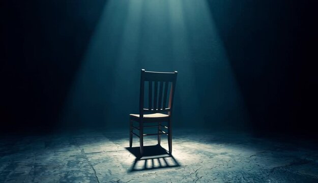 A single wooden chair in the center of a dark, empty room with a textured stone floor