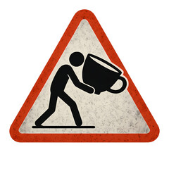 Warning sign depicts person struggling with oversized coffee cup, humorously representing caffeine overload or work stress
