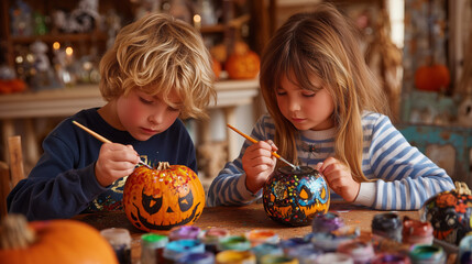 Fototapeta premium Children enjoy painting pumpkins for Halloween, showcasing their creativity and artistry.