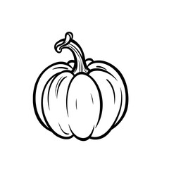 Black and white illustration of a pumpkin with a curved stem, showing detailed lines and shadows.