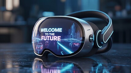 Immersive virtual reality headset welcomes you to the future, experiencing futuristic car travel in a vibrant, modern cityscape at night