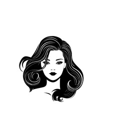 Illustration of a woman with long, flowing hair in black and white.