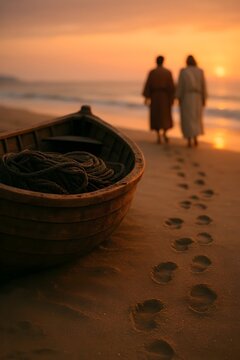 Two figures walk along a serene beach at sunset leaving footprints, with an old wooden boat in the foreground