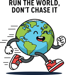 Cartoon Earth character running in red sneakers, motivational quote run the world don’t chase it, vector illustration, confidence concept