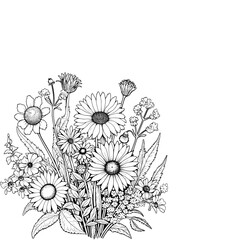 A detailed black and white illustration of a bouquet of various wildflowers and daisies.