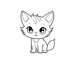 Cute cartoon drawing of a sitting kitten with large eyes and a fluffy tail.