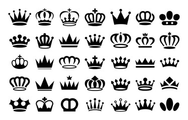 Collection of Black Silhouette Crown Icons on White Background