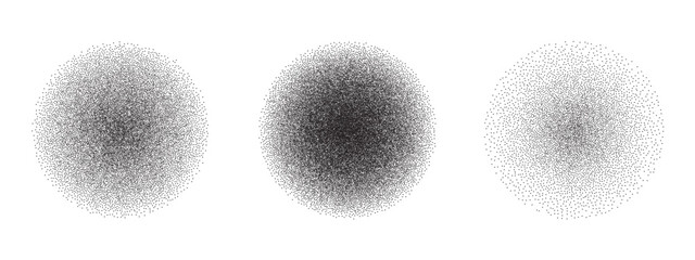 Set of abstract circular shapes with grainy, stippled texture. Collection of dotwork to create a noise gradient, perfect for retro shading or grunge design elements