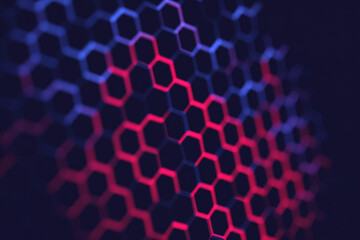 Futuristic glowing hexagonal grid pattern on dark background, abstract sci-fi digital design with neon luminous lines, cyber network connections, modern geometric technology wallpaper