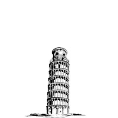 Black and white illustration of the Leaning Tower of Pisa, a famous architectural landmark.
