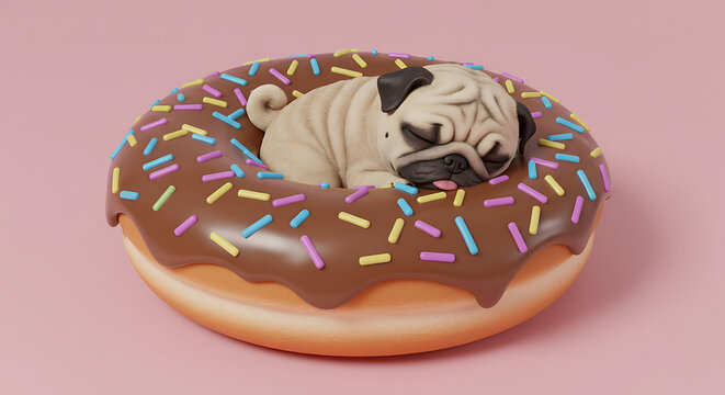 pug dog sleeping on giant donut