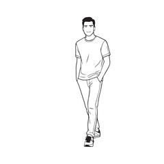 Handsome Man Black and White Illustration Vector Image Male Portrait Fashion Sketch Line Art Design