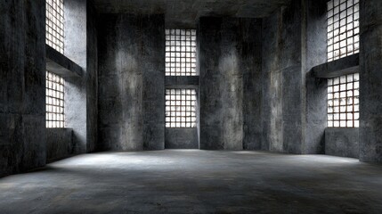 Empty room. Grungy concrete space with barred windows. Light floods in, highlighting texture on pillars and floor. Industrial feel