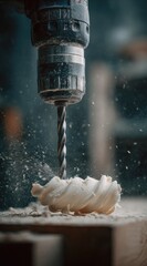 A power drill bores into wood, creating a spiral of shavings. Wood dust and chips fly around the drill bit. Close up shot