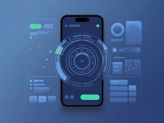 Naklejka premium Futuristic mobile app UI UX design with holographic smartphone interface, abstract technology background for digital apps, innovation, user experience, web design, software and modern phone illustrati