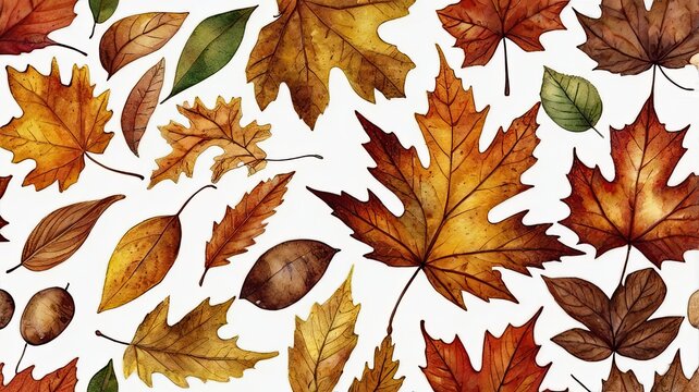 Autumn leaves scattered on white background, perfect for fall season designs, evoking warmth and cozy feelings, ideal for seasonal projects