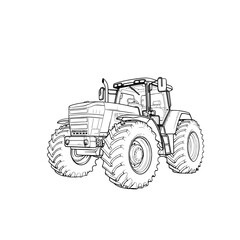 Detailed black and white line drawing of a large agricultural tractor, showcasing its design and components.