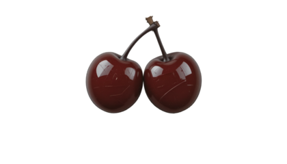 Two ripe cherries joined at the stem isolated on transparent background studio shot