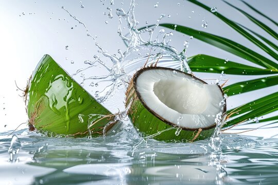 Green coconut with coco nut water splash with palm leaf isolated on white background