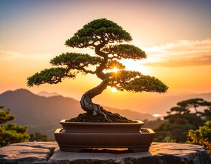 Sunrise silhouette of bonsai tree
