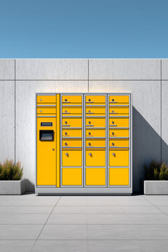 3d illustration of a parcel locker wall, modern lockers, clean minimal design, no terminal or screen, all lockers seamless and uniform, front view