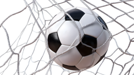 HD realistic soccer ball in goal net isolated on white png