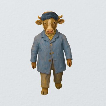 Cow dressed in blue coat animation isolated asset, transparent 4K video, alpha channel, ProRes 4444