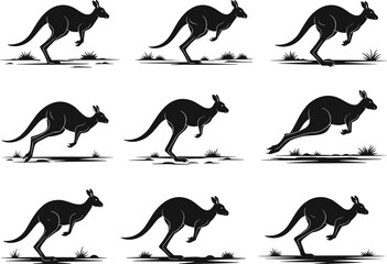 Kangaroo hopping illustration set, dynamic stride sequence in grassy terrain, wild animal vector for motion, anatomy, and design reference