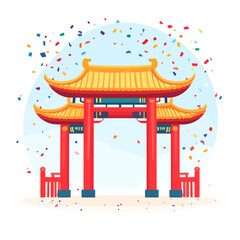 Traditional Chinese gate with red pillars and golden roof.