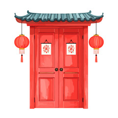 Red Chinese door with lanterns and traditional architecture.